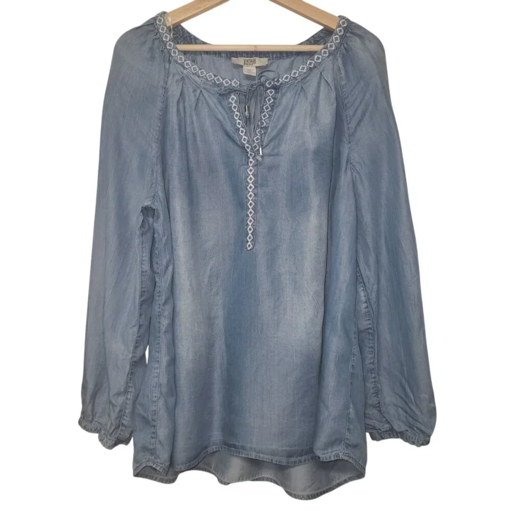Vintage America Chambray Top Women's XL Blue Embroidered Peasant Boho Western - Picture 1 of 8